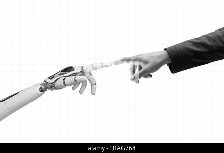 Human and Robot Fingers Touching, Human-Machine Collaboration, Future of Automation, Futuristic Development, Black and White Contemporary Art Collage Stock Photo