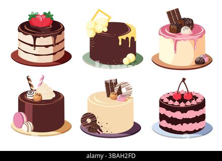 Birthday cake clipart icon set. Cake for bday, anniversary and wedding party celebration with different flavor and toppings clip art collection flat Stock Vector