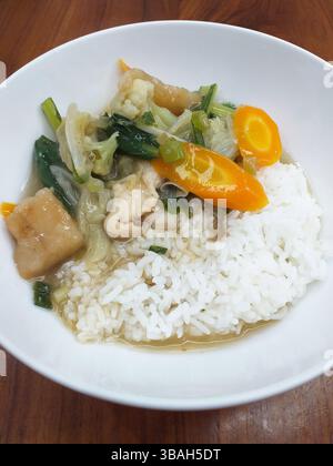 Indonesian Food - Tumis Cap Cay Ayam with white steamed rice in a white bowl Stock Photo