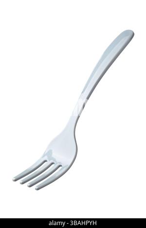 close-up of plastic fork isolated white background, four prongs cutlery used for eating food on the go like picnics, parties or fast food meals Stock Photo