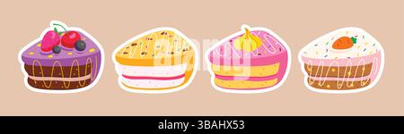 Birthday cake stickers clipart set. Slice cake with assorted flavor for birthday celebration sticker clip art collection delicious dessert doodle Stock Vector