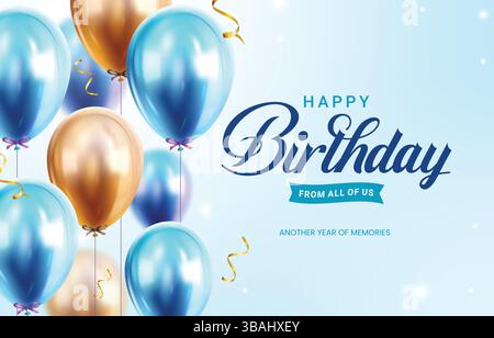 Happy birthday greeting clipart banner design. Birthday greeting text in simple background with blue and gold glossy balloons clip art banner card Stock Vector