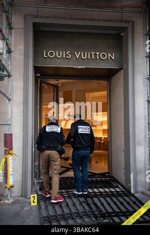 Paris, France. 12th May, 2025. The Louis Vuitton store on boulevard Saint-Germain, in Paris's 6th arrondissement, was once again targeted in a ram-raid burglary early Monday morning. Three hooded suspects used an Italian-registered station wagon to smash into the storefront, fleeing with a haul of luxury goods yet to be valued. The same boutique had previously been hit in similar fashion in September and November 2024. Paris, France on May 12, 2025. Photo by Florian Poitout/ABACAPRESS.COM Credit: Abaca Press/Alamy Live News Stock Photo