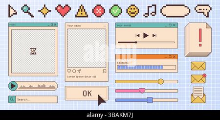 Retro browser window interface elements - profile photo frame, loading progress bar, music player controls. 8-bit pixel art icons, search bar cursor and dialog box buttons. Nostalgic 90s web design Stock Vector