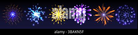 Firework effect set with blue, yellow and pink bursts - glowing neon firecracker explosions, festive bright colorful flash on black. Shiny salute lights collection for holiday celebration design. Stock Vector