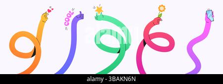 Colorful twisting gesture shapes - flexible human waving hands reach upwards. Vivid bendable arm icons showing thumbs up and heart sign, holding star, flower and smartphone. Gradient rubber body part. Stock Vector