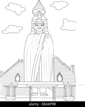 A line drawing illustration depicting the iconic giant standing Buddha statue at Wat Intharawihan temple in Bangkok, Thailand, with clouds in the sky. Stock Vector