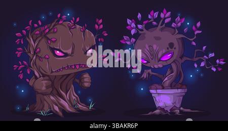 Creepy fantasy plant monsters with glowing eyes - angry tree creatures covered in pink leaves and glowing particles. Scary fairy tale forest characters, unusual vegetation beasts or game enemies. Stock Vector