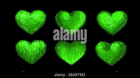 Green pixelated hearts set - retro 8 bit pixel art icons, y2k video game health indicators, 90s digital love symbols. Old school dithered low resolution graphic design elements on black background. Stock Vector