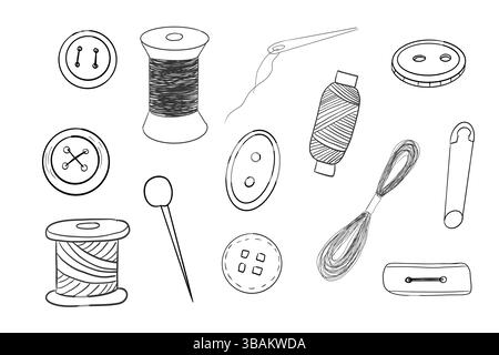 Sewing set with thread, needle buttons doodle hand drawn. Handmade crafts embroidery collection. Vintage tailor kit. Sewing accessories. Vector illustration Stock Vector