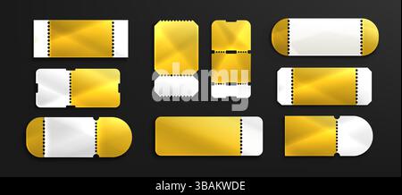 Golden ticket cutouts assortment - posh perforated coupon templates, elegant gift certificate blanks. Luxury benefit voucher samples or ritzy awards ceremony invitation stubs. Metal lottery pack. Stock Vector