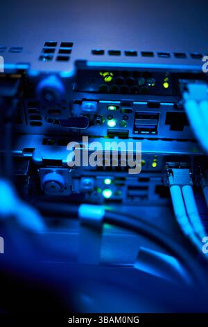 Close-Up of Server Rack with Blue LED Lights Stock Photo