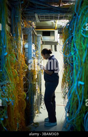 Inspecting Electrical Cables in Data Center Stock Photo