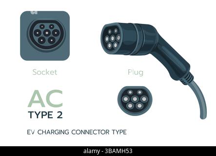 Type 2, AC standard charging connector. Electric battery vehicle inlet charger detail. Stock Vector