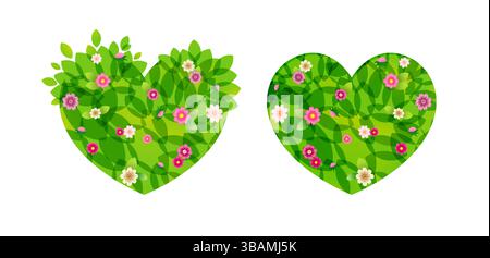 Set of cute creative hearts with green leaves and pink flowers. Isolated cut paper and 3D style. Floral backdrop with clipping mask. Greeting card Stock Vector