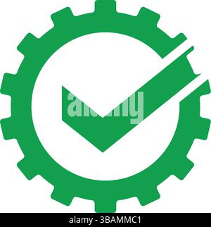 Green gear icon with check mark inside symbolizing process validation, quality control and mechanical approval Stock Vector