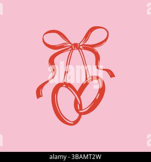 Interlocked hand drawn two wedding rings. Coquette whimsical bow ribbon sketch doodle vector illustration.Love Valentines day concept. Vintage invitat Stock Vector