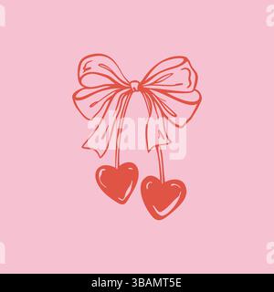 Hand drawn girly cherry two hearts with coquettish cute ribbon bow. Retro valentines day print. Vintage love locket doodle vector illustration. Girly Stock Vector