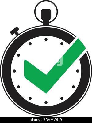Stopwatch icon with bold green check mark symbolizing time tracking, deadline success and task completion Stock Vector