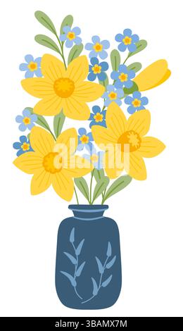 Ceramic vase with spring flowers for home decoration, flat vector illustration Stock Vector