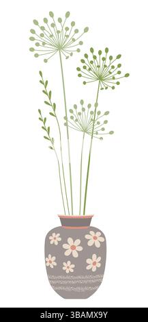 Ceramic vase with flowers for home decoration,  flat vector illustration. Stock Vector