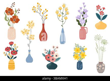 Ceramic vases with flowers. Jugs, pots and vases, vase pottery for home decoration,  pottery vases flat vector illustration set. Stock Vector