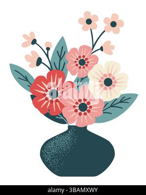Bright spring blooming flowers in vases. Cartoon flat vector illustration. Stock Vector