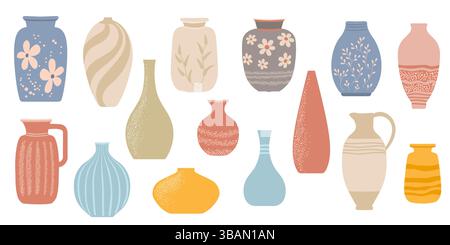 Ceramic vases, jugs, pots and vases, vase pottery for home decoration, minimalistic pottery vases flat vector illustration set. Stock Vector