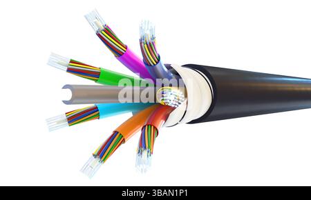 Fiber optic cable exposing wires on transparent background 3d Stock Photo