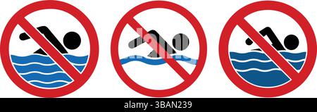 Red No Swimming Sign Vector Icon Set Stock Vector