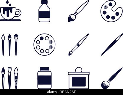 Dark Blue Art Supplies Painting Tools Icon Set Stock Vector