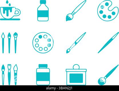 Blue Art Paint Tools Outline Icon Set Stock Vector