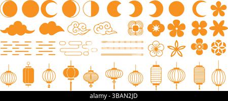 Orange Oriental Mid Autumn Festival Icon Collection Stock Vector