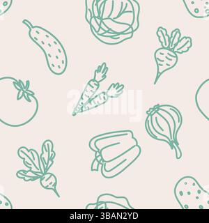 Seamless pattern with green vegetable outlines on beige Stock Vector