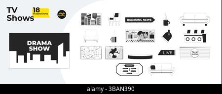 TV shows and broadcast elements outline illustrations mega bundle Stock Vector