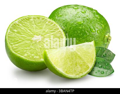 Ripe lime fruits with slices and lime leaves isolated on a white background. File contains clipping path. Stock Photo