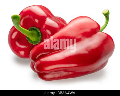 Two red bell peppers isolated on white background. File contains clipping paths. Stock Photo
