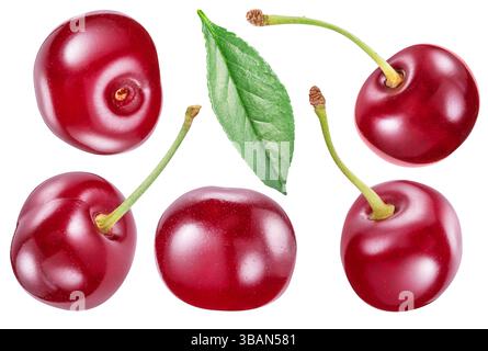 Set of tart cherries or sour cherries and cherry leaf isolated on white background. File contains clipping paths. Stock Photo