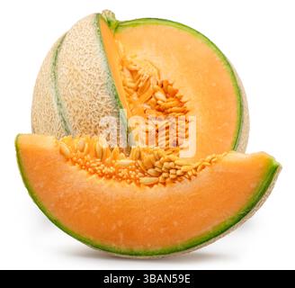 Cantaloupe melon and melon slice isolated on white background. File contains clipping path. Stock Photo