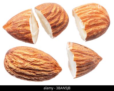 Set of almond nuts and pieces of almond nuts isolated on white background. File contains clipping path. Stock Photo