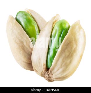 Green pistachio nuts with pistachio shell isolated on a white background. Clipping path Stock Photo