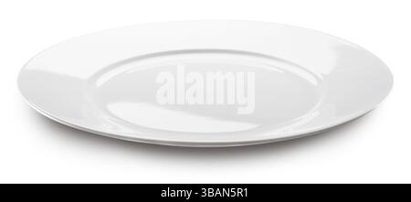 Empty white serving plate or food plate on white background. File contains clipping path. Stock Photo