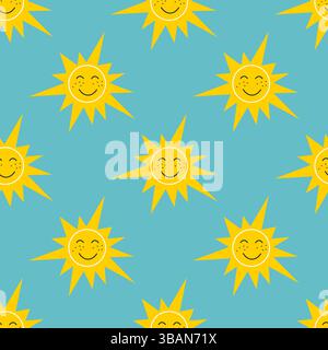 Bright sun smiling against the blue sky. Seamless pattern with shining positive sunny character. Summer colorful print, vector graphics Stock Vector