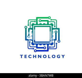 Computer chip, AI science icon or emblem. PC hardware or GPU chip service vector emblem, AI technology startup icon. Artificial intelligence microchip Stock Vector