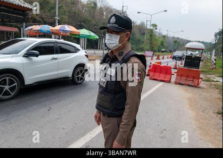 A Thai Police road check point near the northern Thailand, bordering ...