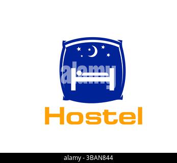 City hostel or hotel icon for guest house or travel accommodation booking app, vector emblem. Hostel icon with bed and night stars in pillow silhouett Stock Vector