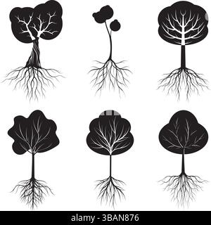 Set black Trees and Roots. Vector Illustration. Stock Vector