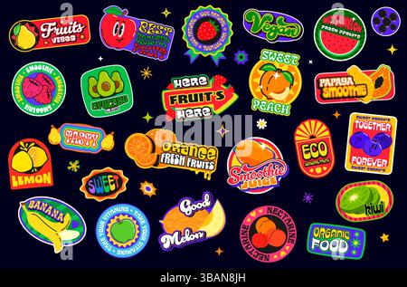Tropical fruit juice y2k groovy patch stickers smoothie and fresh drink retro funky labels with vector berry food and splashes. Ripe fruit and berry j Stock Vector