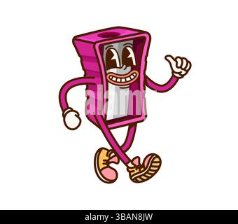 Cartoon groovy school stationery character with funny silly face, vector sharpener. Retro cartoon groovy school stationery with freaky funky smile in hipster shoes for student education item character Stock Vector