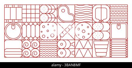 Meat and sausage modern geometric pattern. Vector tile background with salami, steak, sausage links, ham, canned meat, chicken drumsticks, bacon, ribs, mortadella, barbecue and skewers food symbols Stock Vector